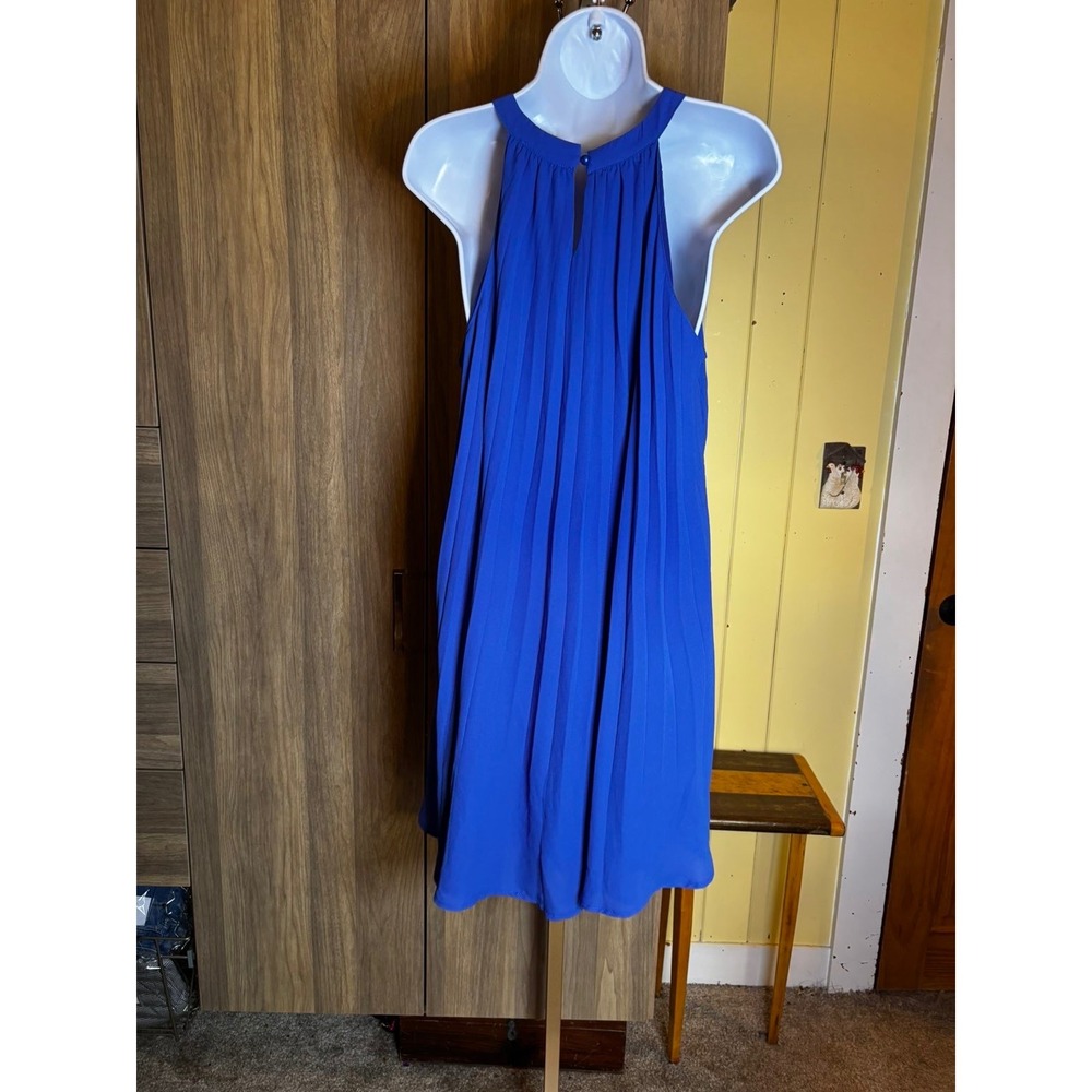 300. Royal Blue Pleated Halter Trapeze Dress Women Large Cocktail Midi Flowy - Picture 3 of 4
